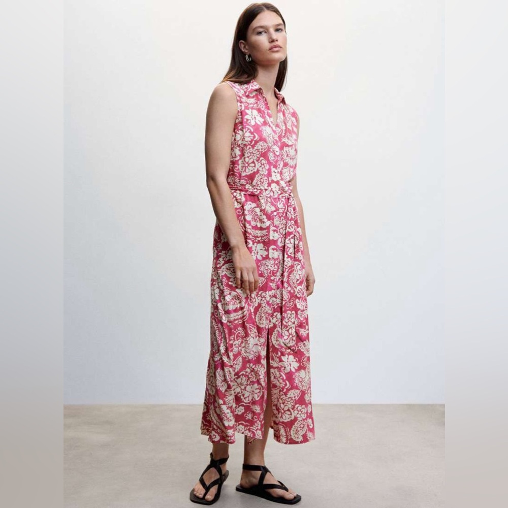 MNG By Mango Hot Pink & Cream Flowered Button Down Sleeveless Maxi Dress NWT